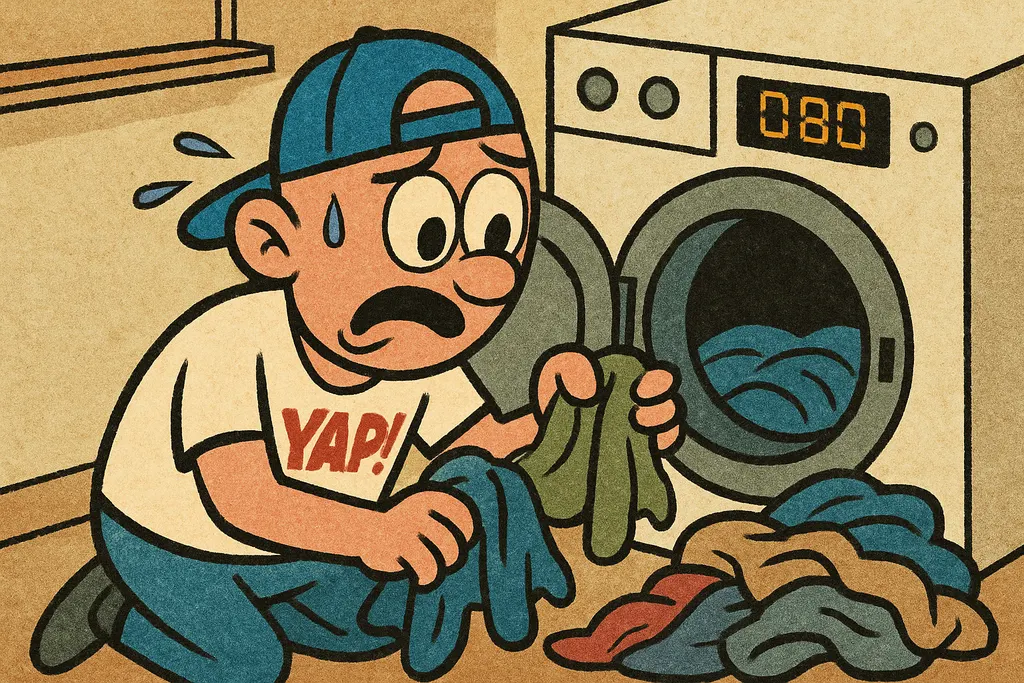Cartoon of a frustrated homeowner standing in a laundry room, pulling damp cloth
