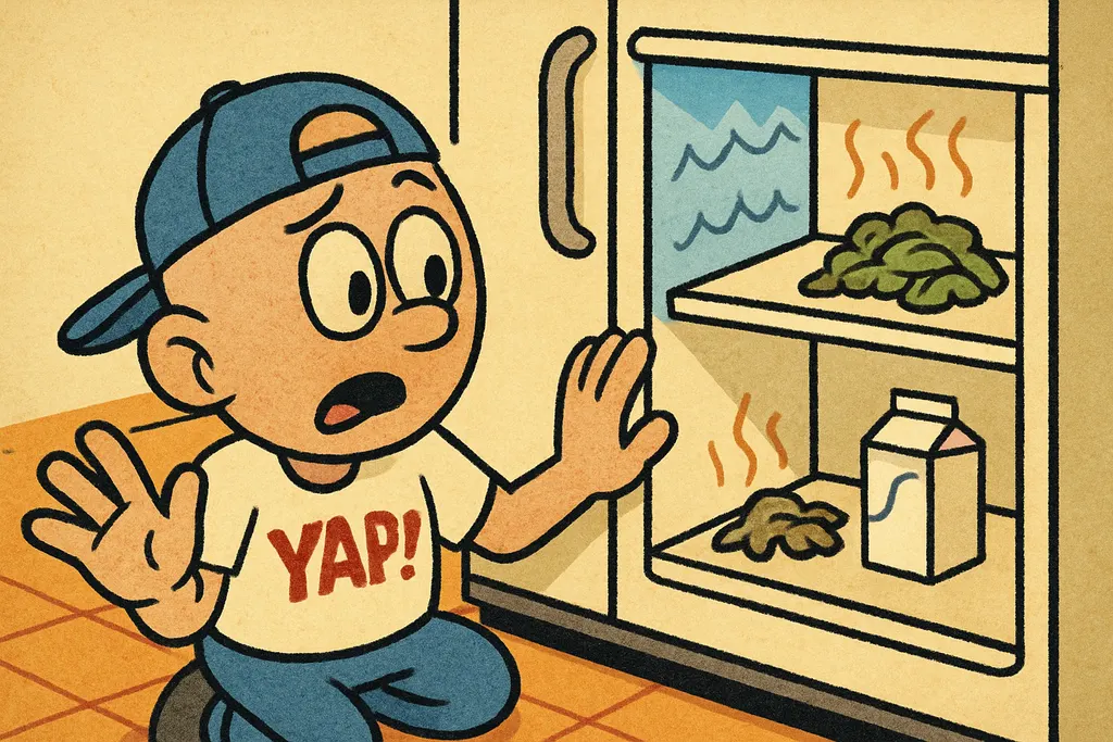 Cartoon scene inside a kitchen where a frustrated person stands in front of an o