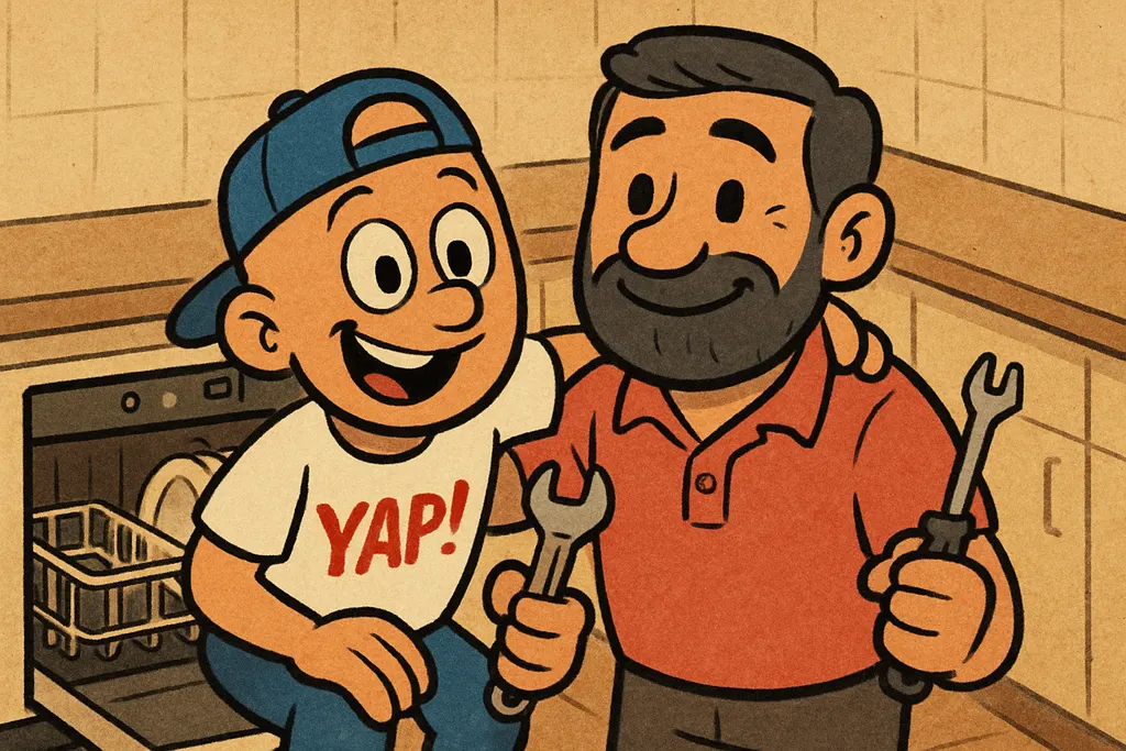 Cartoon scene of a living room turned into a chaotic DIY war zone on Father's Da