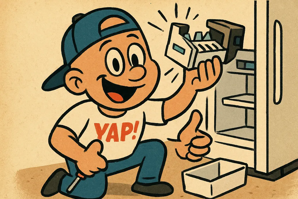 Cartoon scene: YAP Dude crouched in front of an open KitchenAid refrigerator fre