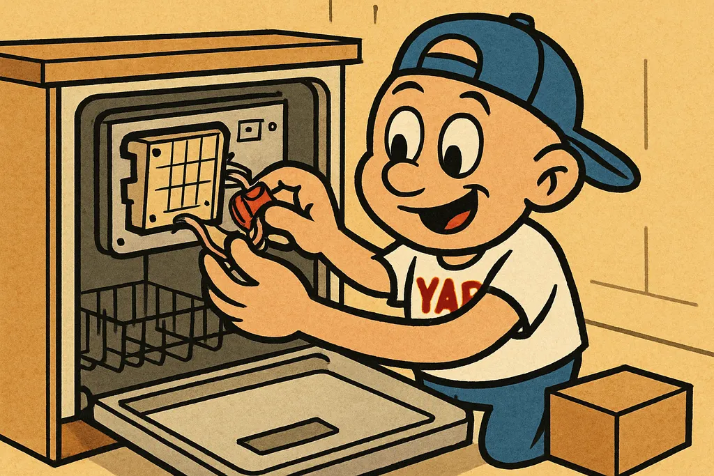 YAP Dude standing in front of an open Maytag dishwasher door with the inner pane