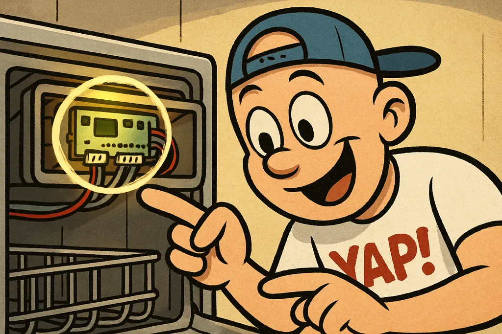 YAP Dude leaning in close with the Maytag dishwasher door open and the inner doo