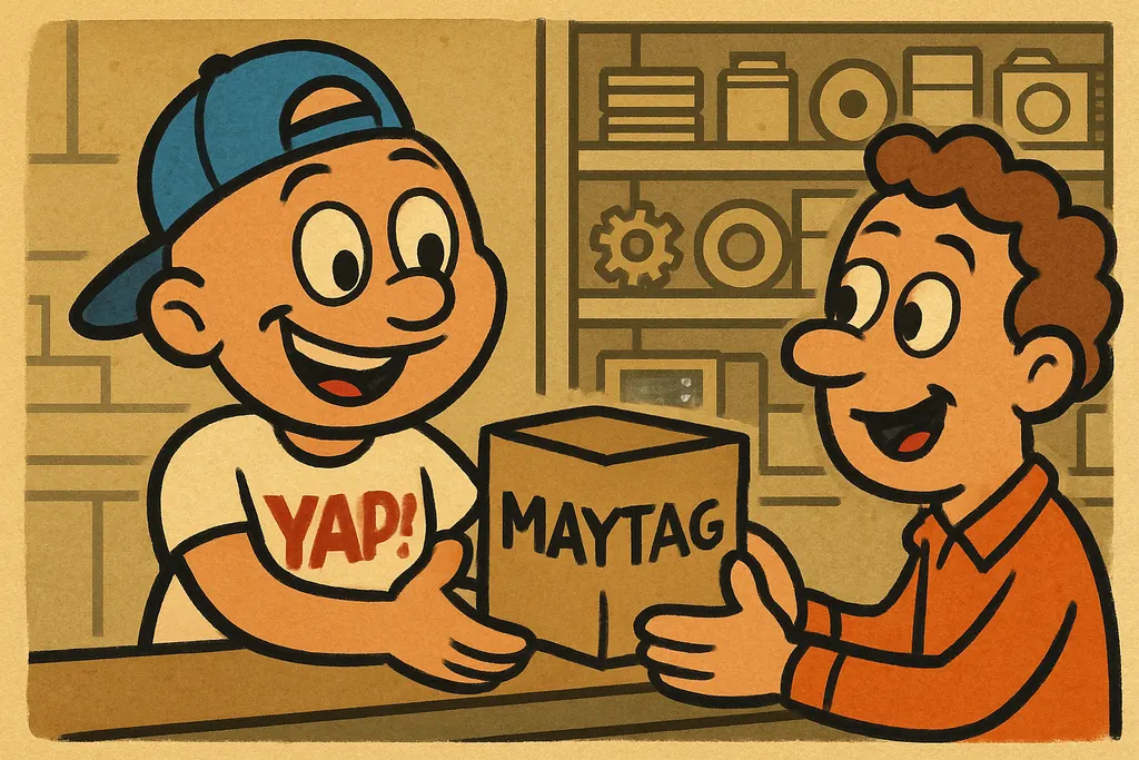Cartoon scene inside the YAP appliance parts shop in Piedmont, Oklahoma. YAP Dud