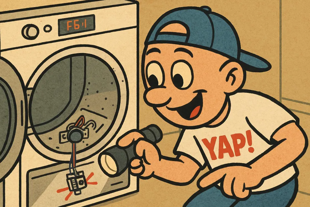 Cartoon close-up scene in a laundry room. YAP Dude is crouched down beside an op