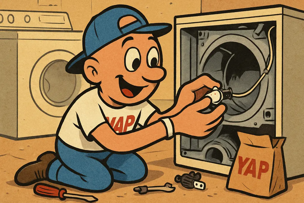 Cartoon action scene in a home laundry room. YAP Dude is kneeling in front of a 