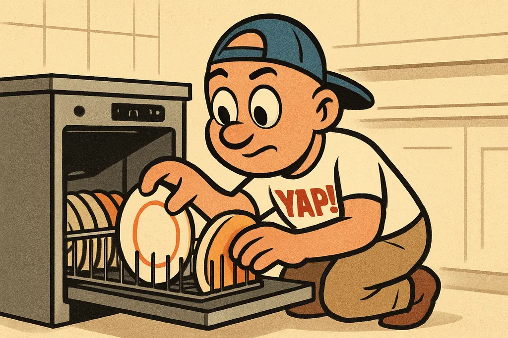 YAP Dude crouching in front of a sleek modern dishwasher with the door open, car