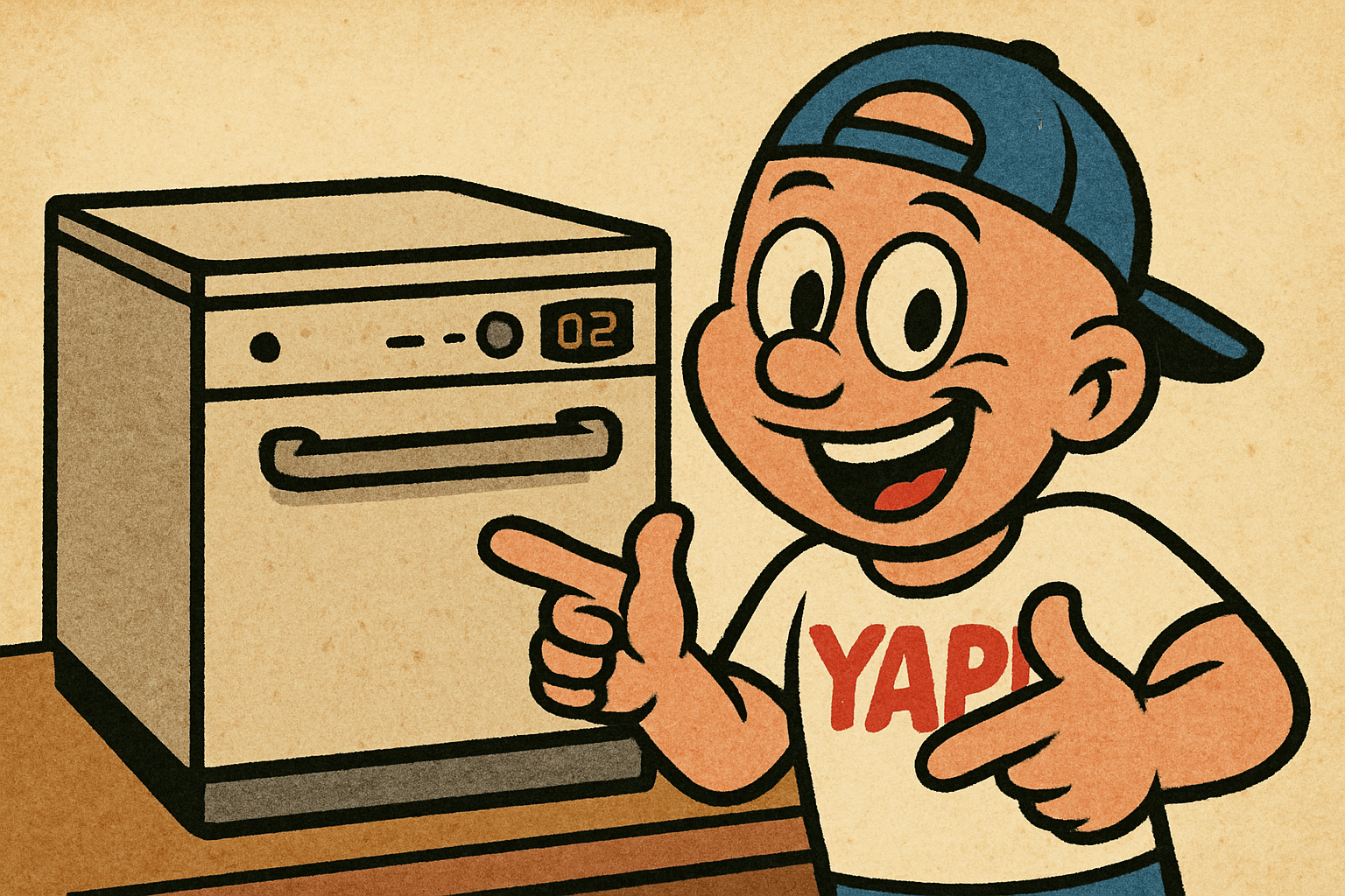 YAP Dude standing next to the big chunky retro old-school dishwasher, pointing a