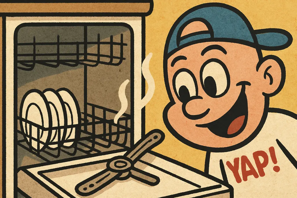 YAP Dude leaning smugly against a big chunky old-school dishwasher with the door