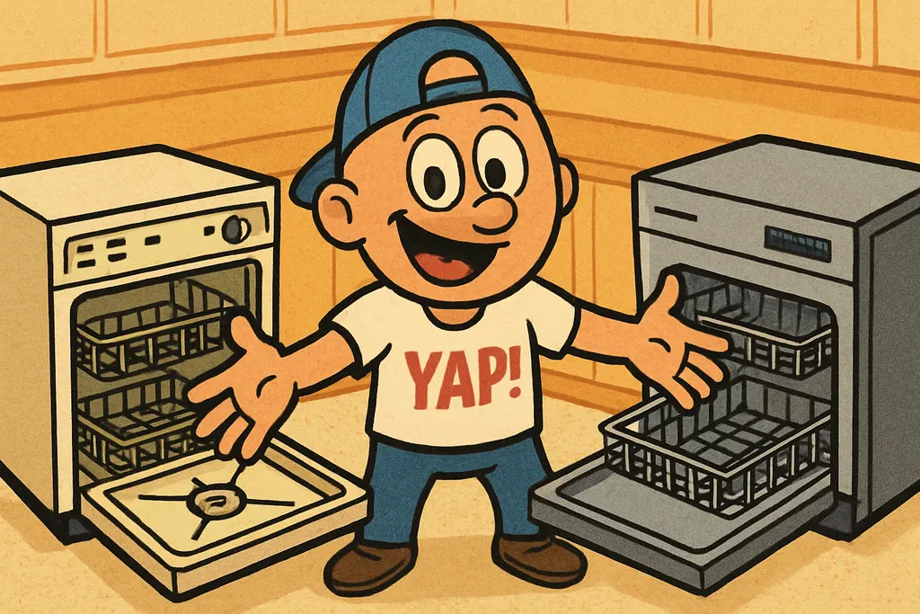 YAP Dude standing in a kitchen between two dishwashers, one a chunky, boxy, ret