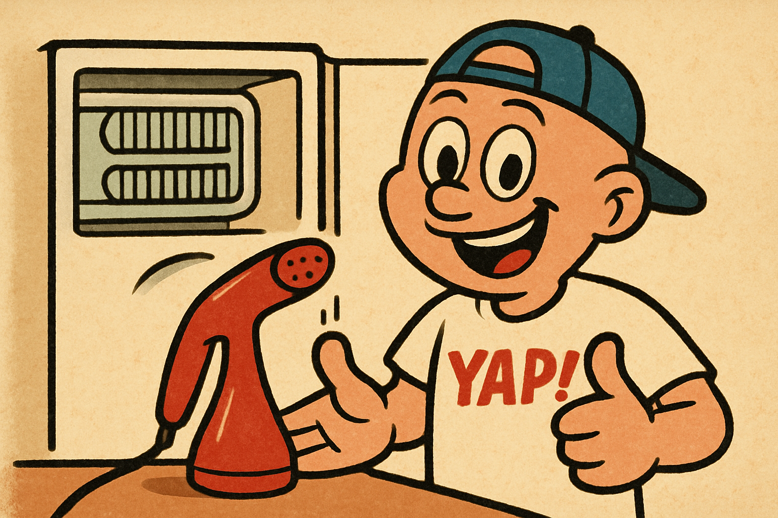 The YAP Dude stands beside a handheld fabric steamer, pointing at it with a big 