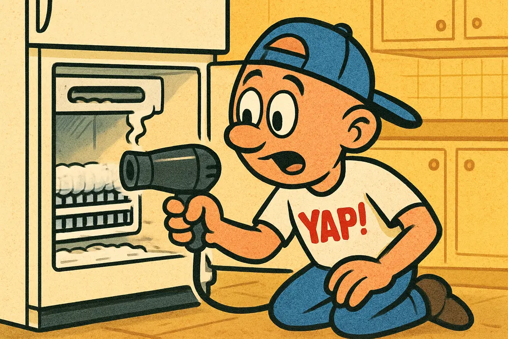 The YAP Dude kneels in front of an open freezer compartment with a hair dryer in