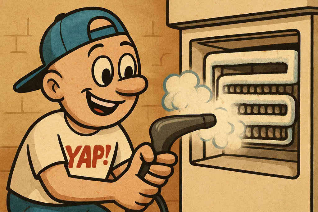 The YAP Dude crouches in front of an open freezer compartment with ice-coated ev