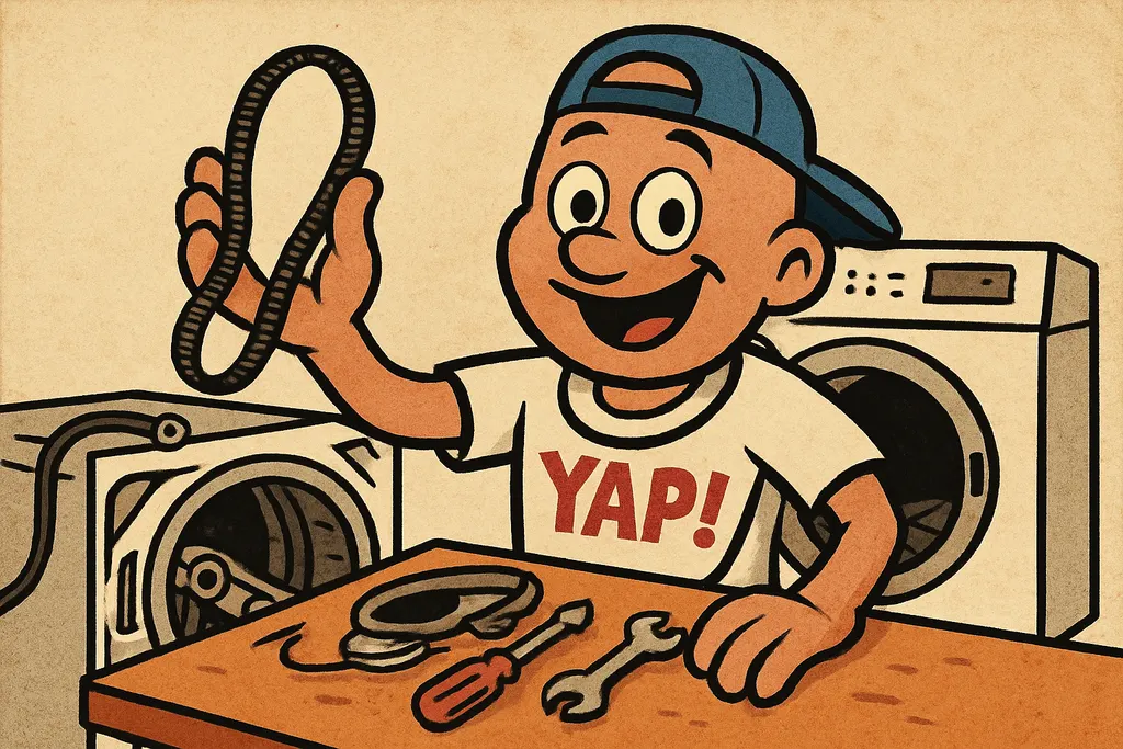 Leaning over a disassembled dryer with a drive belt draped around his neck like 