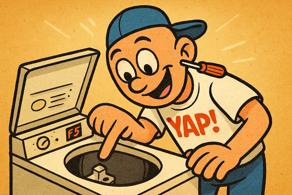 Leaning over an open top-load washer with the top panel flipped up, pointing dir