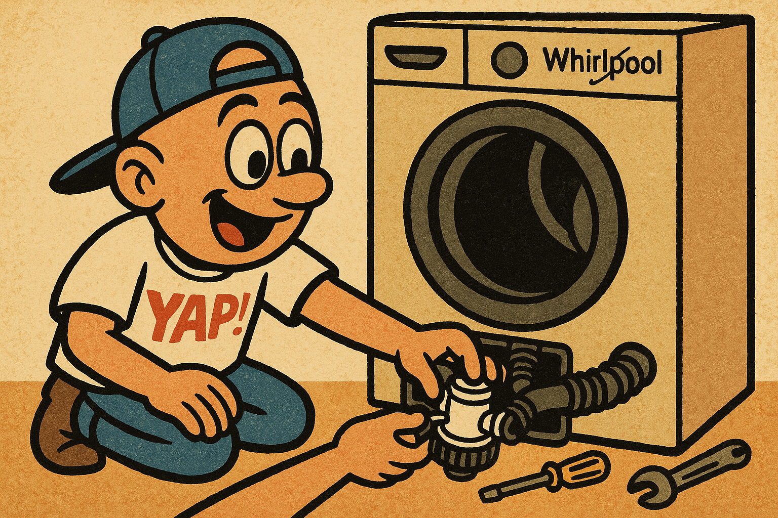 A cartoon action shot of a person crouching in front of an open Whirlpool washer
