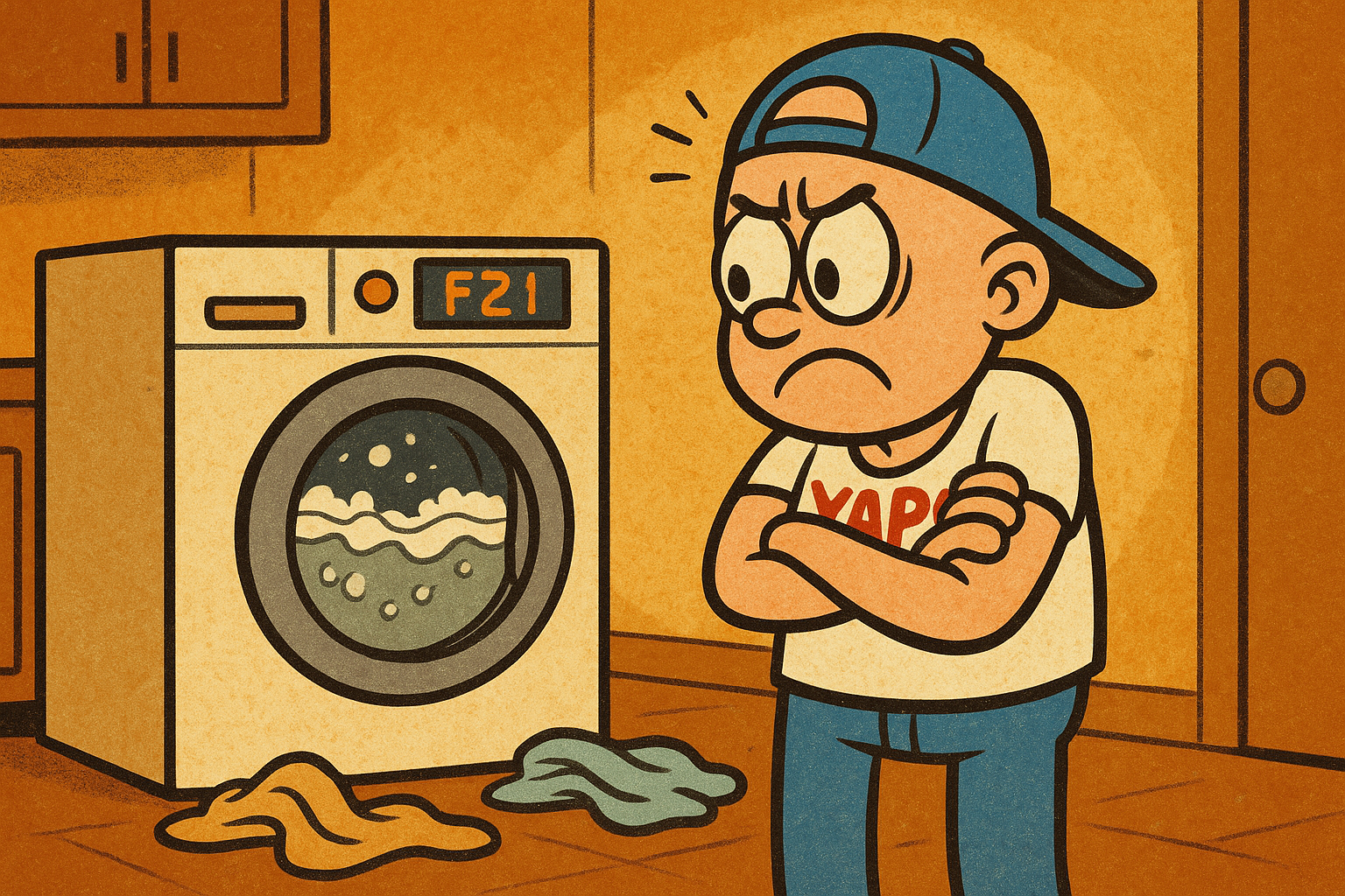 A frustrated person standing in a laundry room, arms crossed, staring down at a 