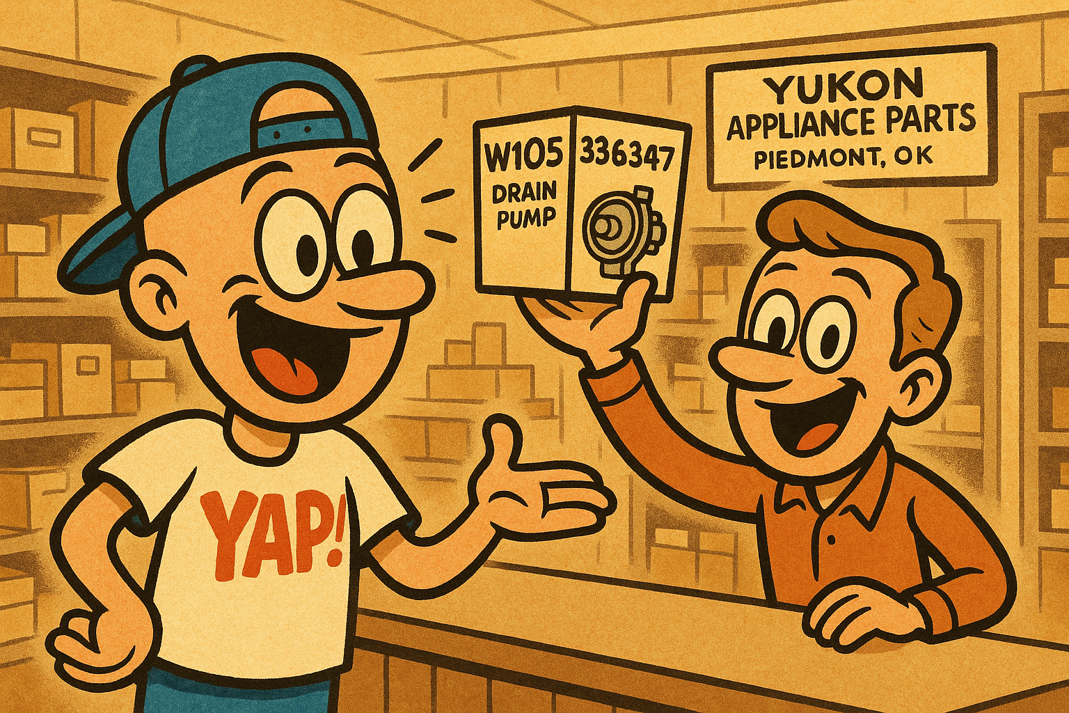 A cheerful cartoon scene inside a bright, tidy appliance parts shop counter. A h