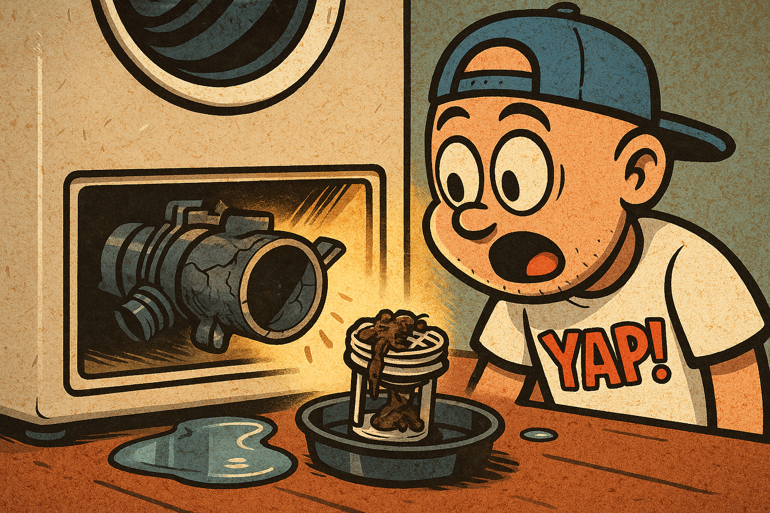 A close-up cartoon scene of the bottom front of a Whirlpool washer with the acce