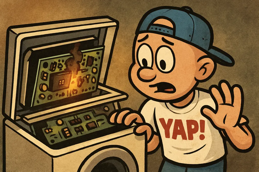 A close-up cartoon scene of the interior rear of a GE front-load washer with the