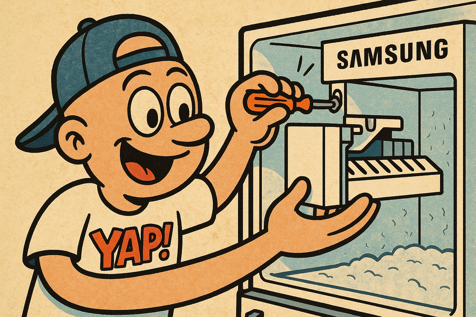 A cartoon scene of a DIY home repair in progress — a Samsung freezer door is ope