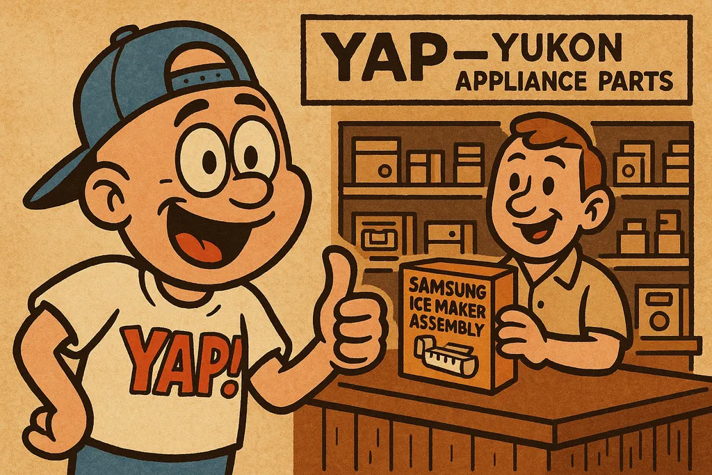 A cheerful cartoon scene inside the YAP appliance parts shop in Piedmont, OK — a