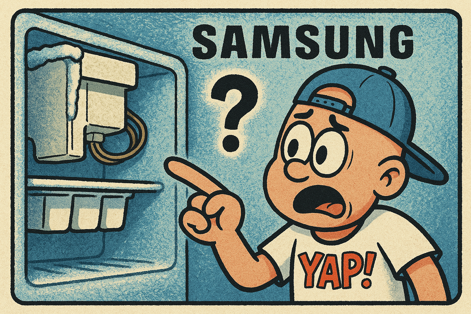 A close-up cartoon scene inside a Samsung freezer compartment, focusing on the i