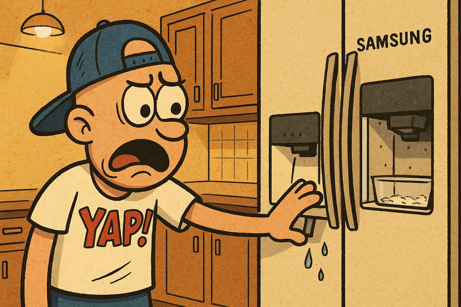 A cartoon scene inside a modern kitchen showing a Samsung side-by-side refrigera