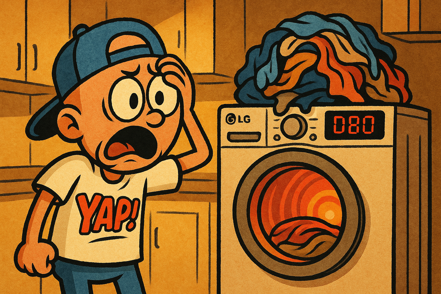 A frustrated person standing in a laundry room next to an LG front-load dryer th