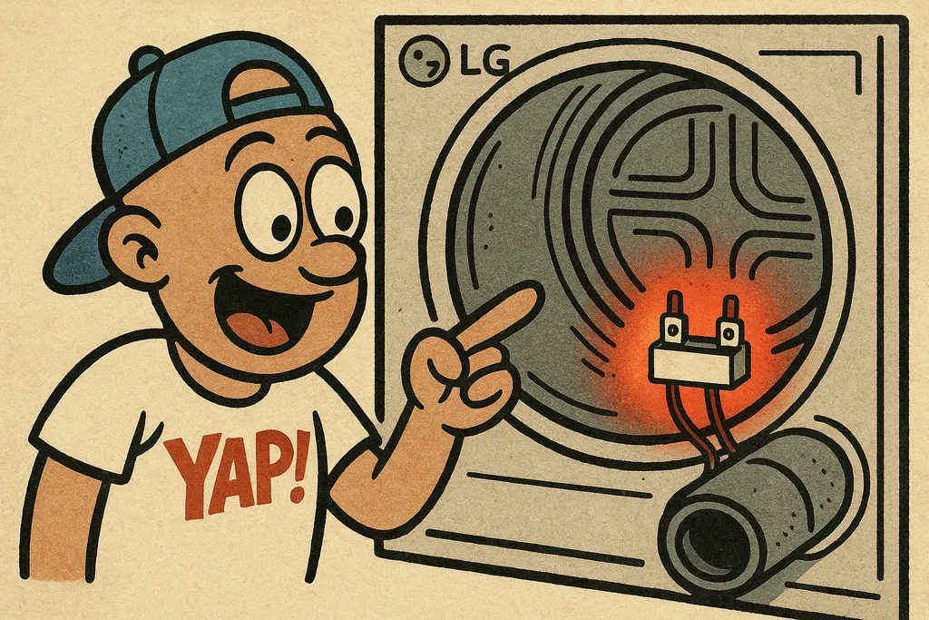 A close-up cartoon scene showing the inside of a Maytag dryer's front panel with
