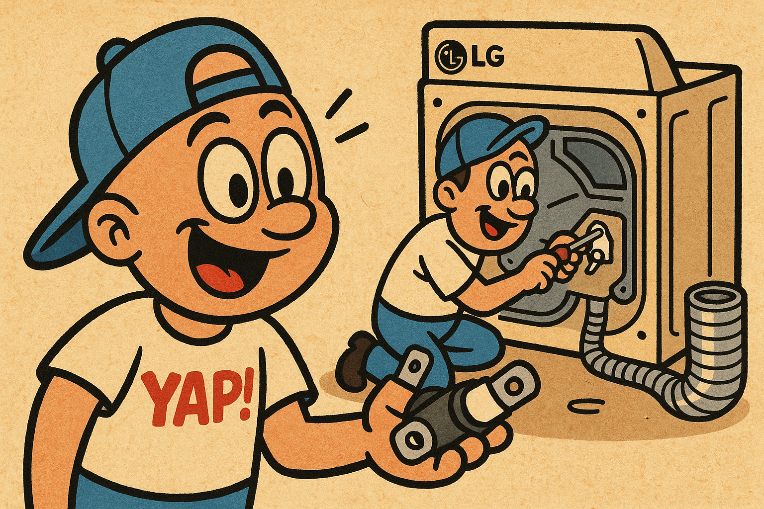 A cartoon action shot of a person kneeling behind an LG dryer with the back pane