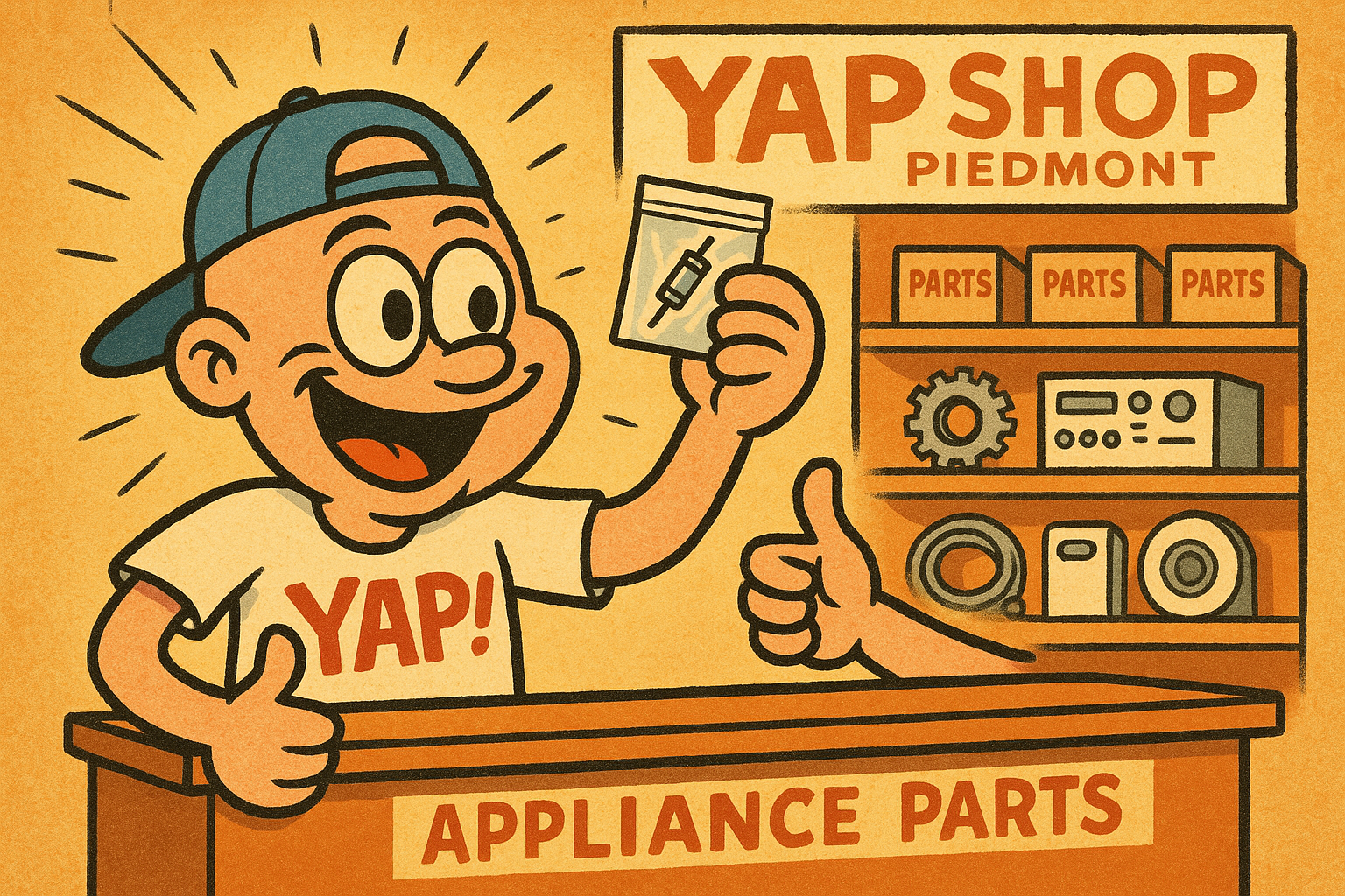 A cartoon scene of a happy customer at a bright, organized parts store counter —