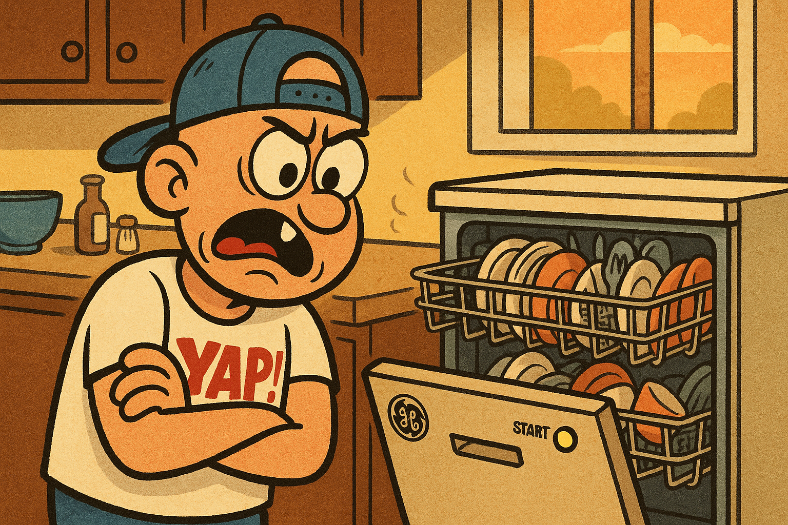 A frustrated person standing in a kitchen, arms crossed, staring down at a GE di