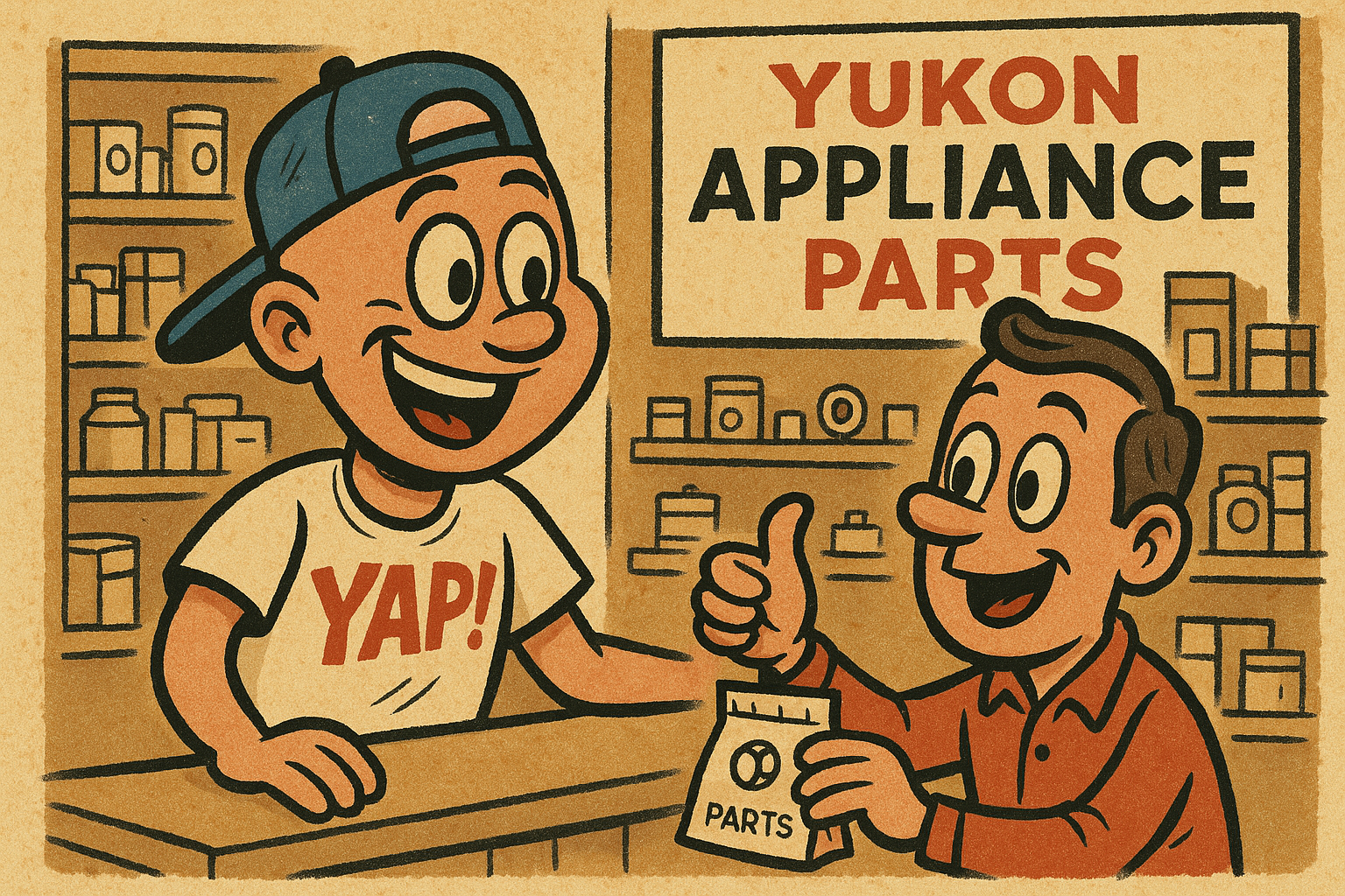 A cartoon scene of a happy customer at the counter of a small-town appliance par