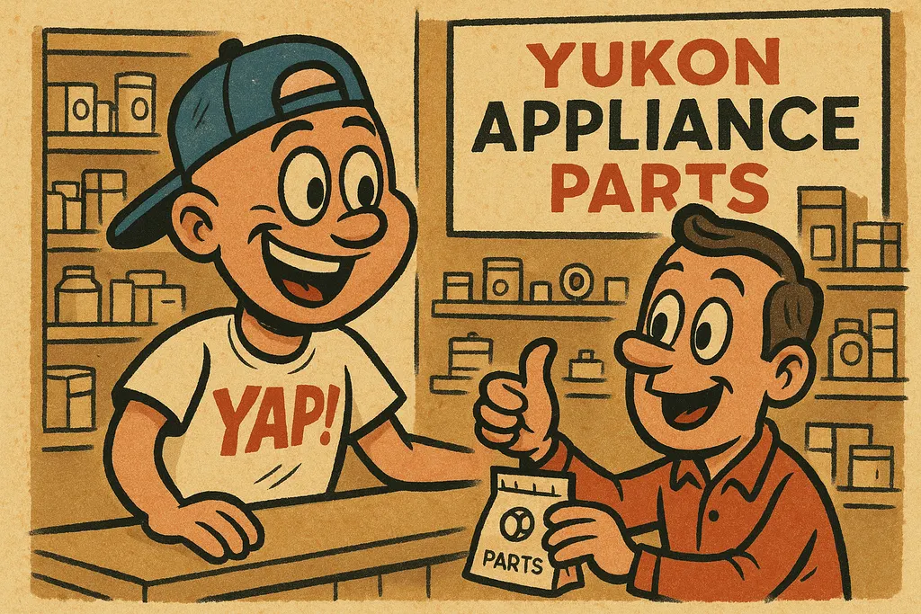 A cartoon scene of a happy customer at the counter of a small-town appliance par