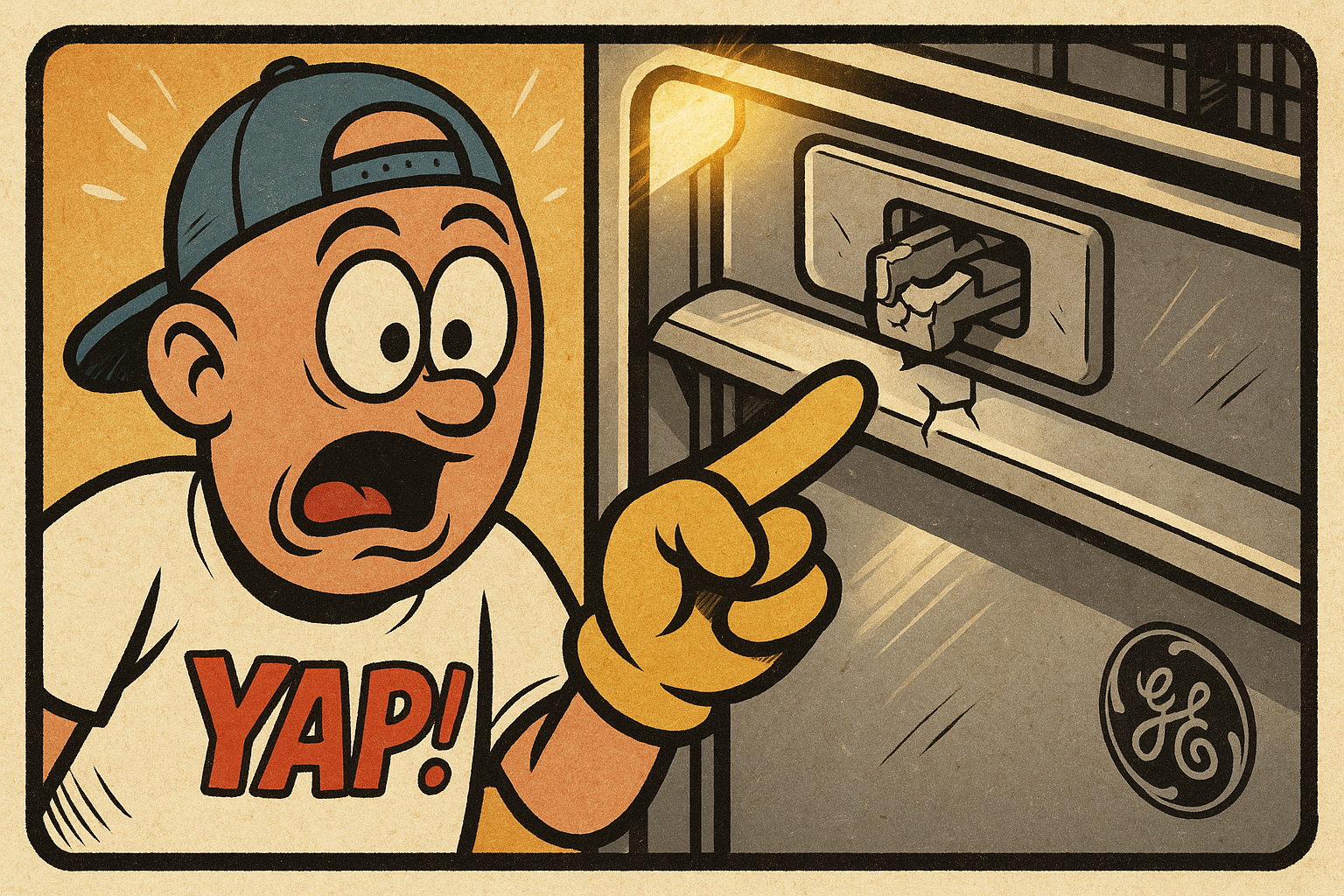 A close-up cartoon scene of the inside top edge of an open GE dishwasher door, w