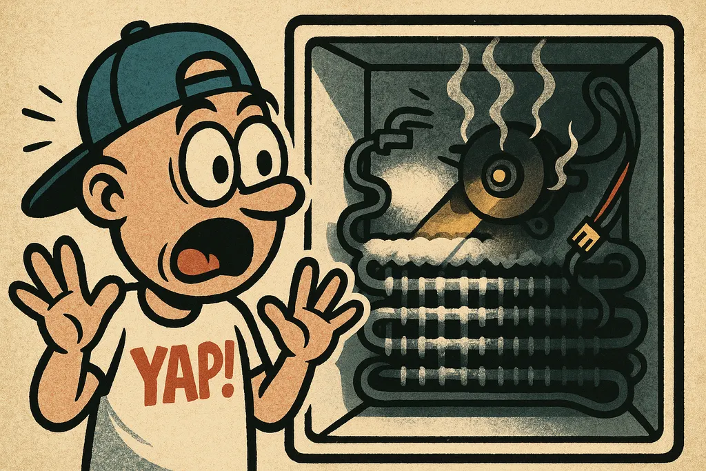 Close-up cartoon illustration of a Frigidaire freezer interior with the ice make