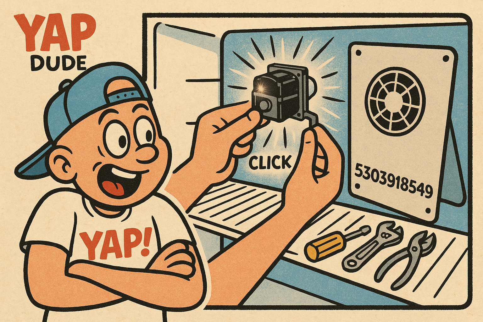 A cartoon action scene of someone's hands installing a brand-new evaporator fan 