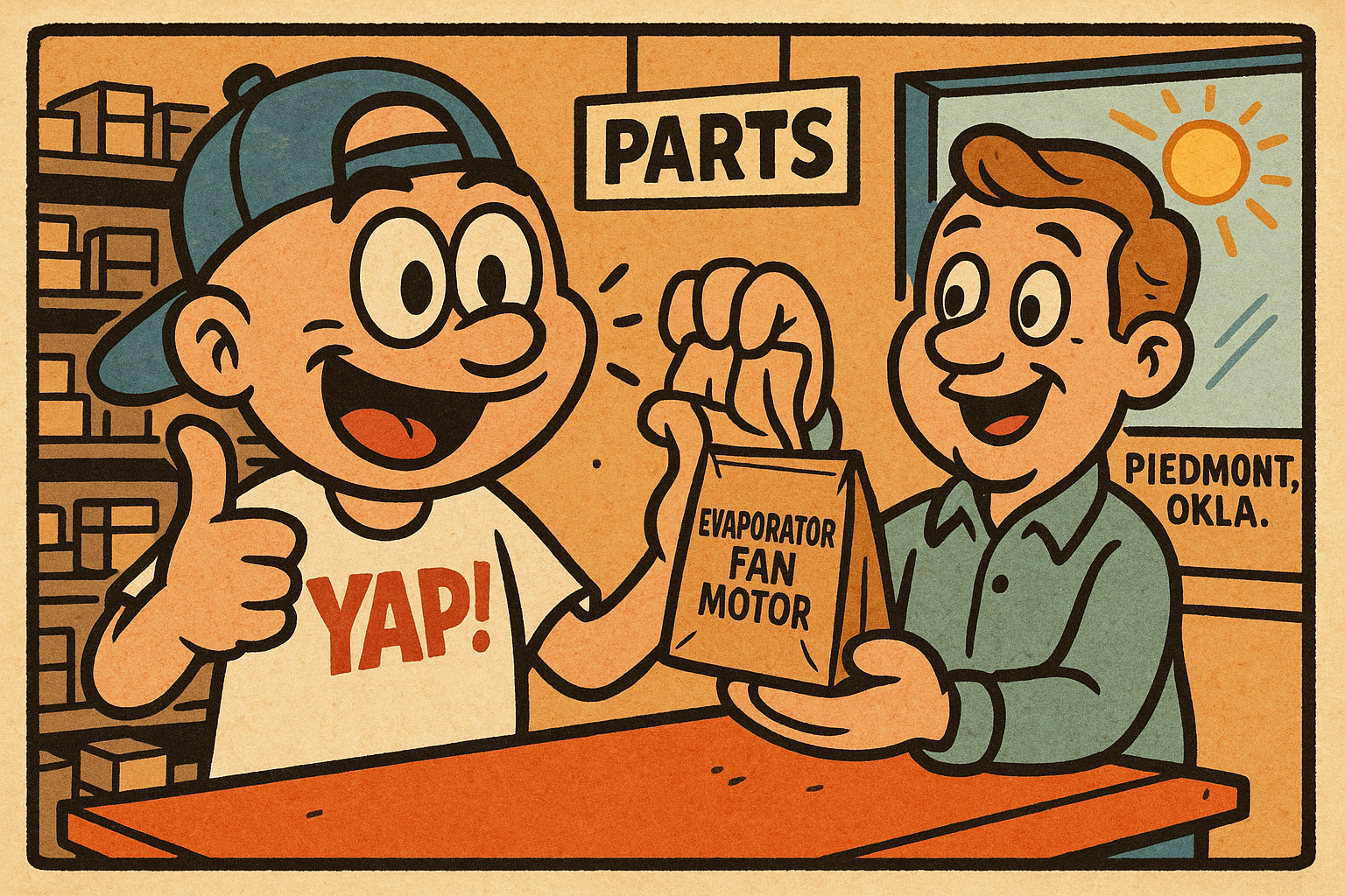 A cheerful cartoon scene of a customer at the YAP parts store counter in Piedmon