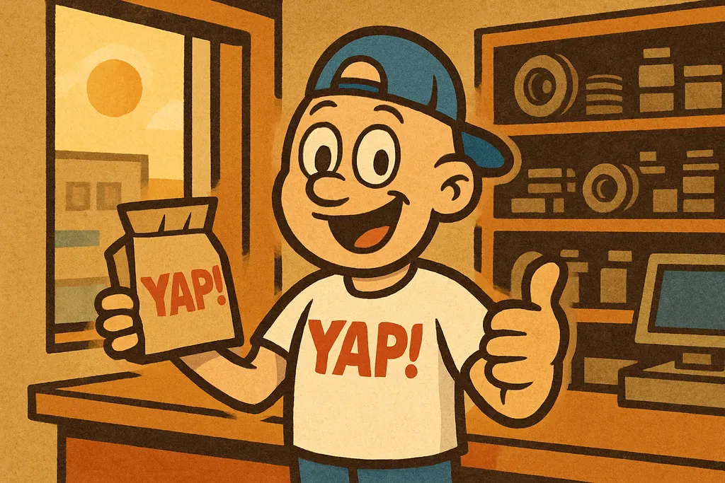 A cartoon scene of the interior of a cheerful local appliance parts store counte
