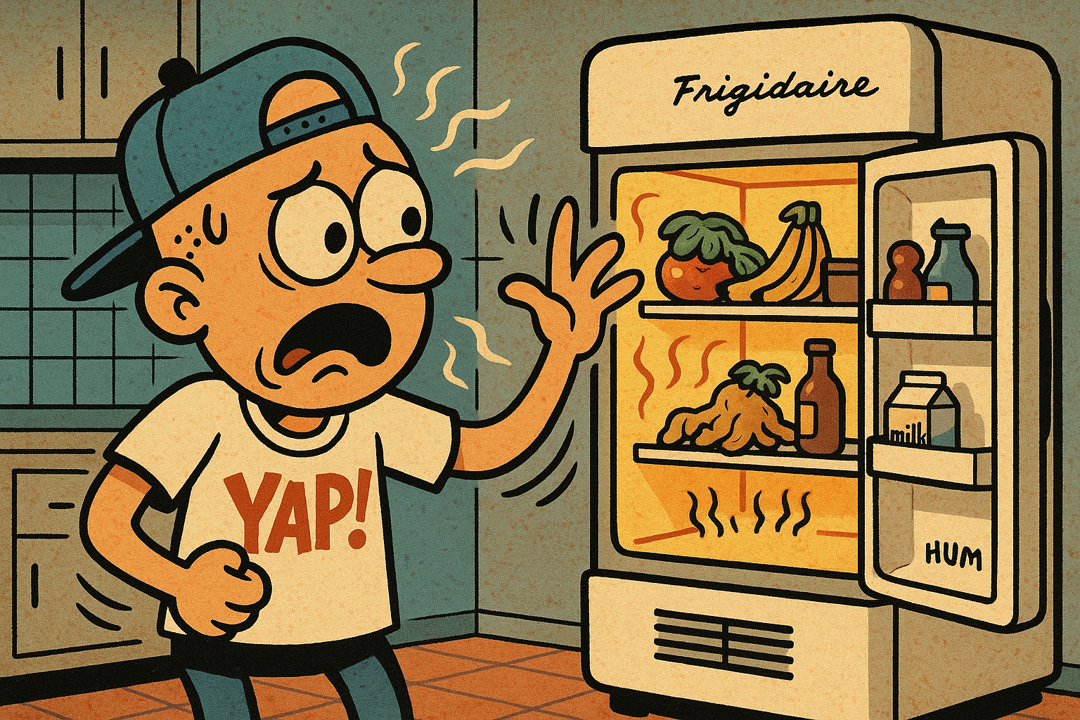A kitchen scene showing a frustrated person standing in front of an open Frigida