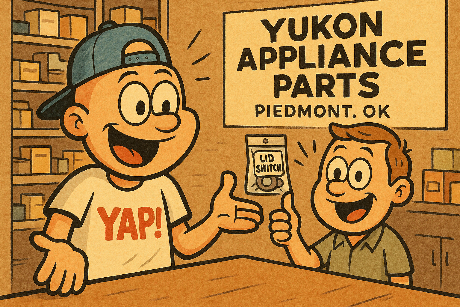 A cartoon scene inside a bright, friendly appliance parts shop counter — a small