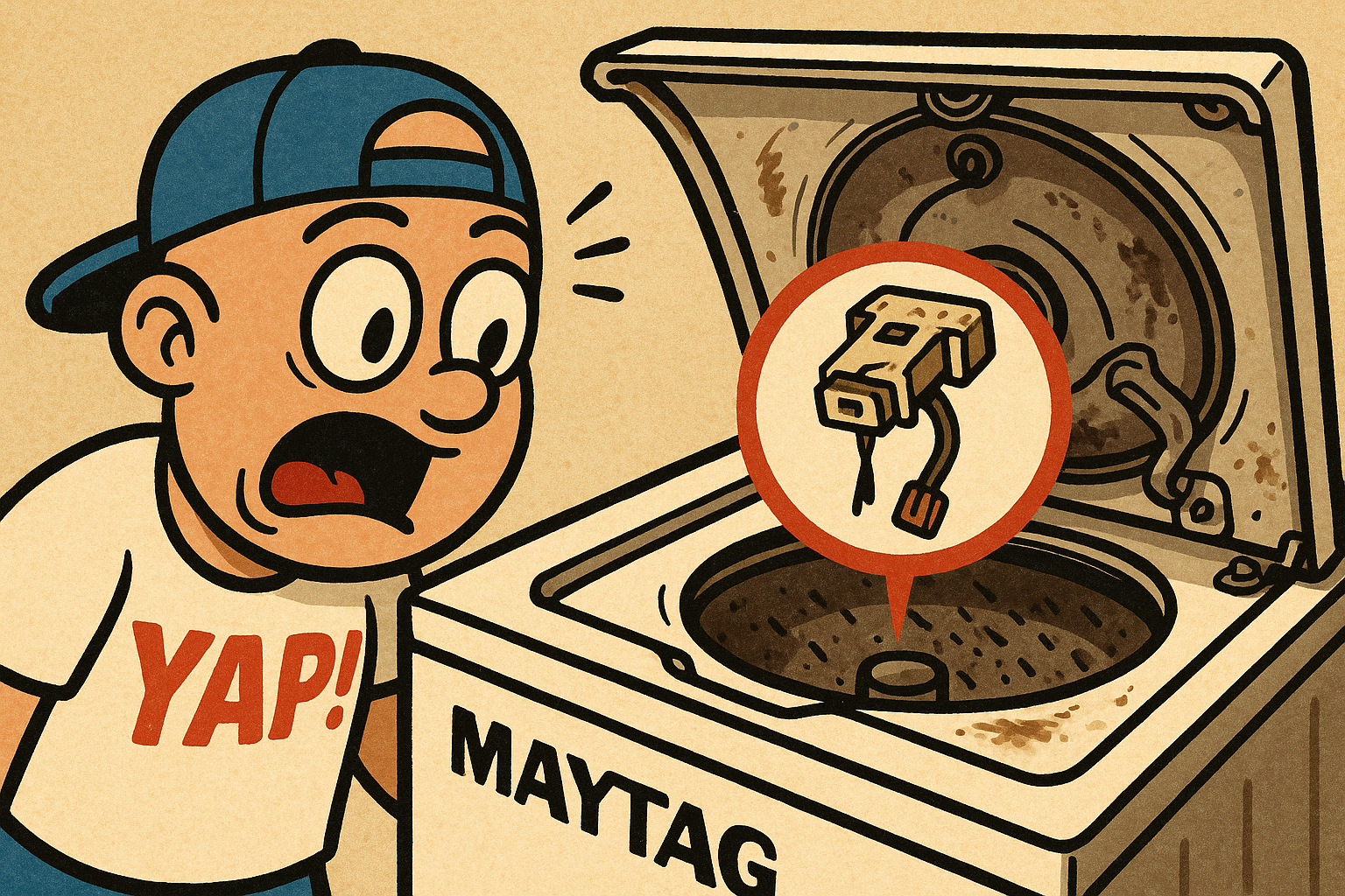 A dramatic close-up cartoon of the inside of a Maytag top-load washer with the t