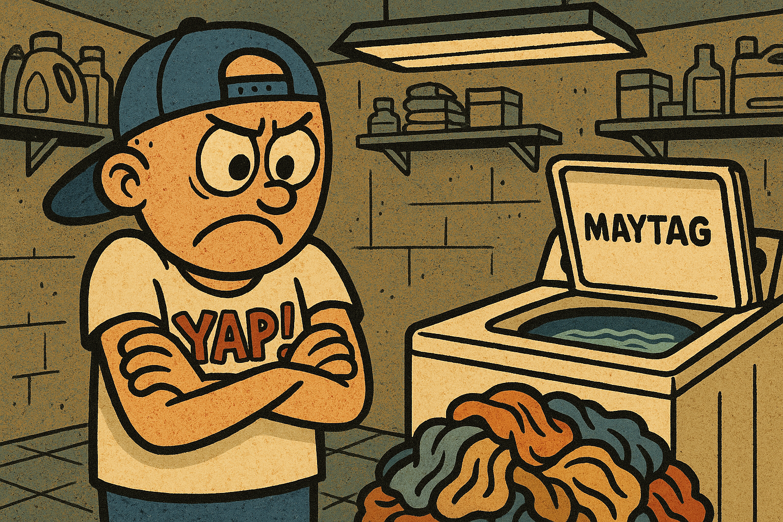 A cartoon scene of a frustrated person standing in a laundry room, arms crossed,