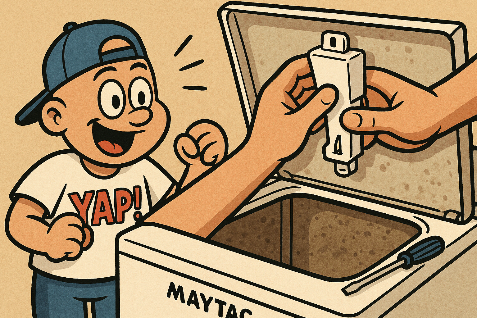 A cartoon action shot of a person's hands confidently snapping a brand-new lid s