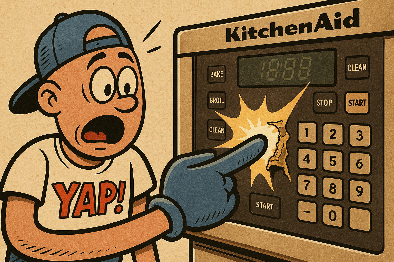 A close-up cartoon scene of a KitchenAid oven control panel with the touchpad me