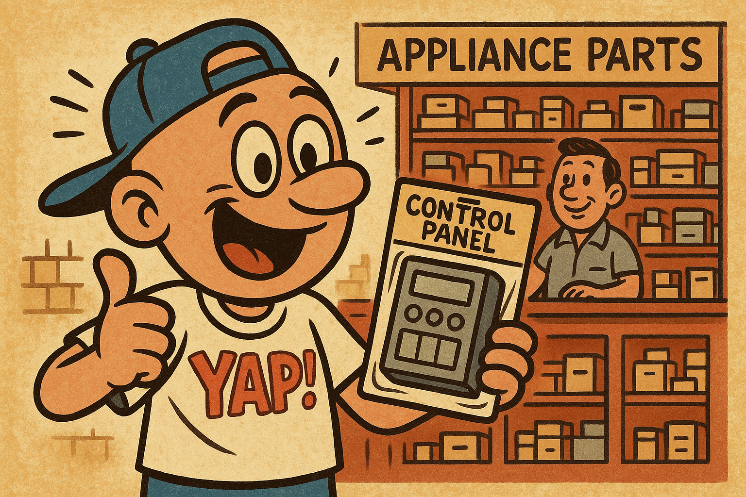 A cheerful cartoon scene inside a small-town appliance parts shop counter, a hap