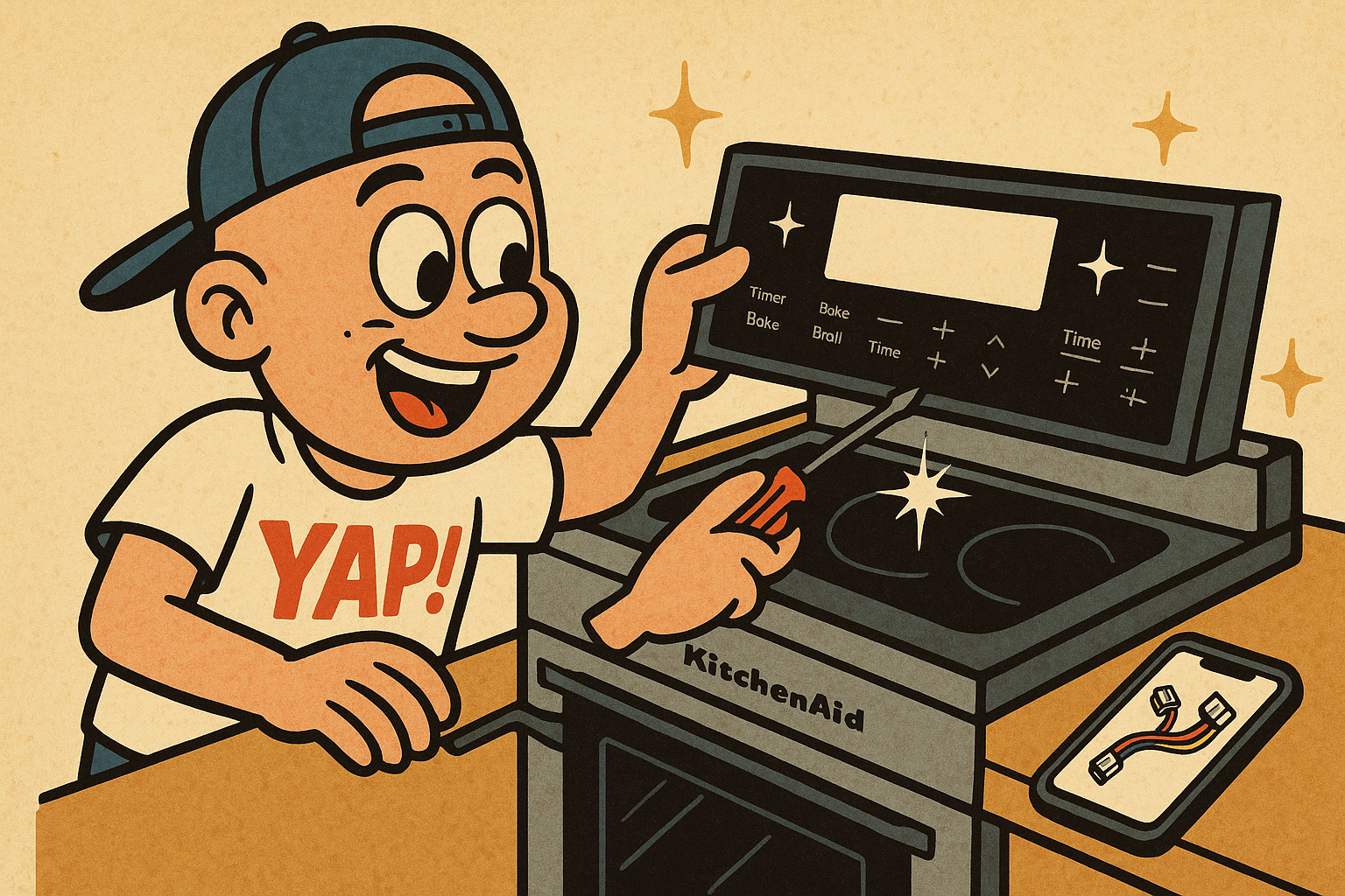 A cartoon scene of a person confidently installing a brand new touchpad and cont