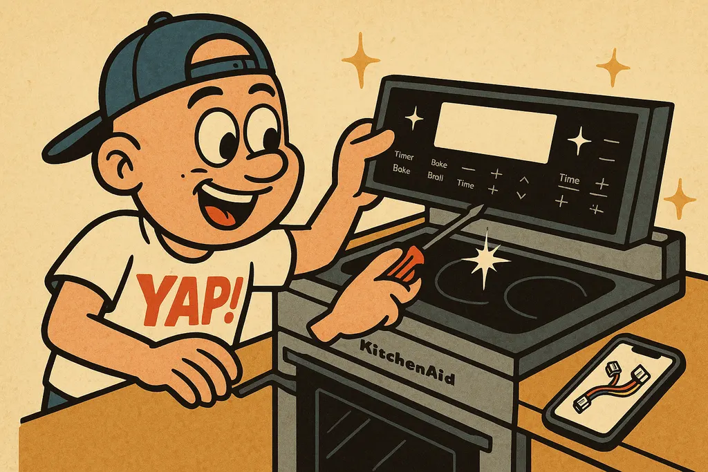 A cartoon scene of a person confidently installing a brand new touchpad and cont
