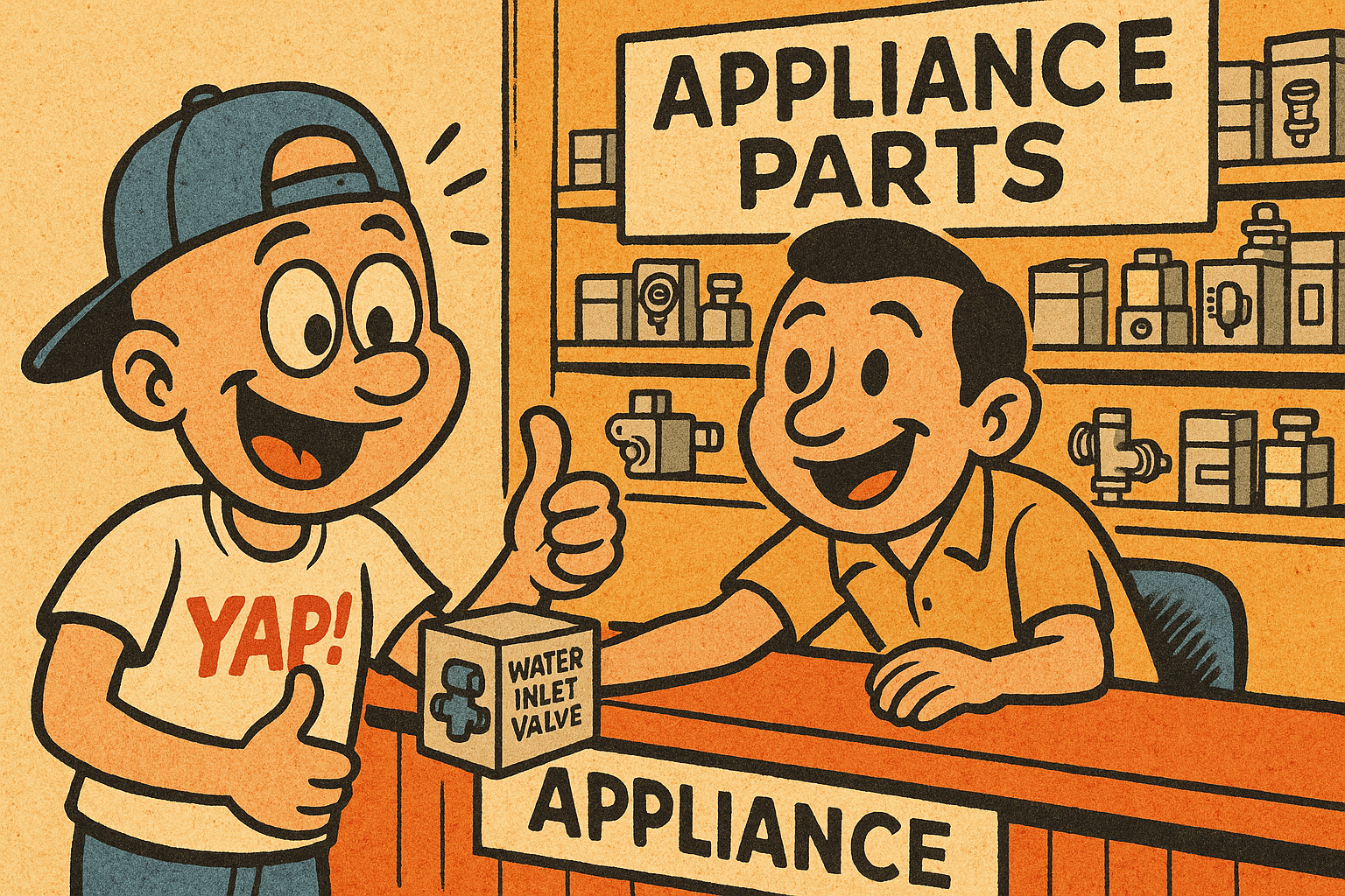 A cartoon scene inside a bright, friendly appliance parts shop counter — a happy