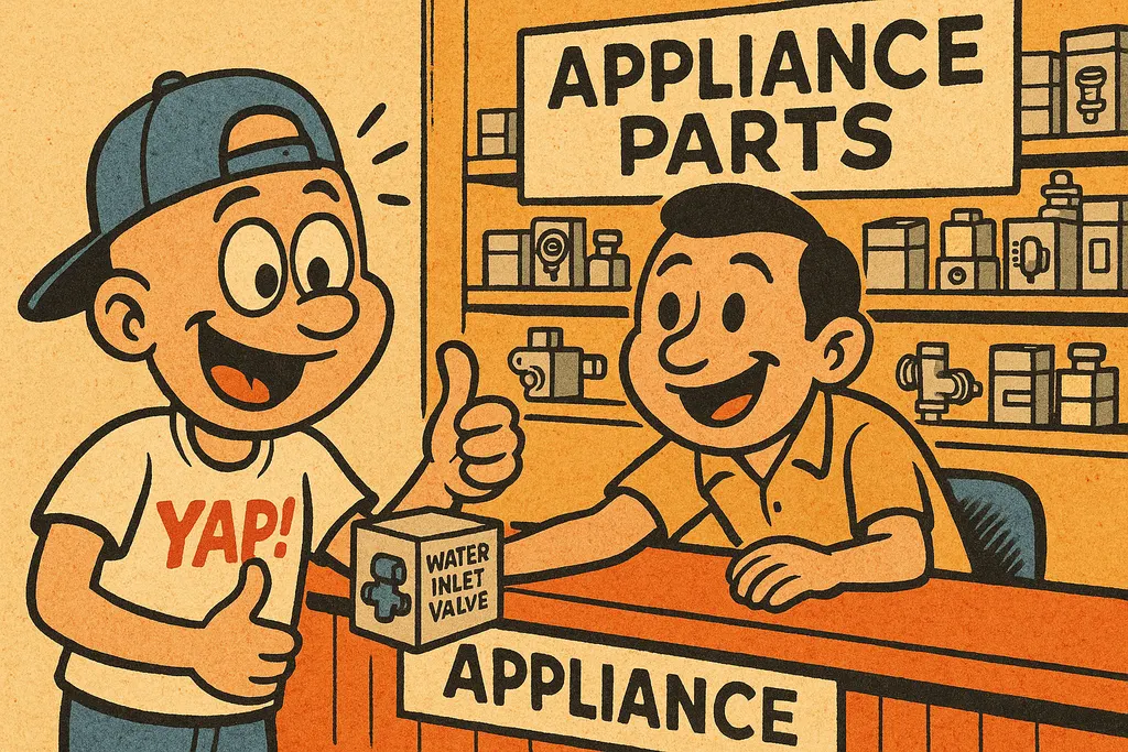 A cartoon scene inside a bright, friendly appliance parts shop counter — a happy